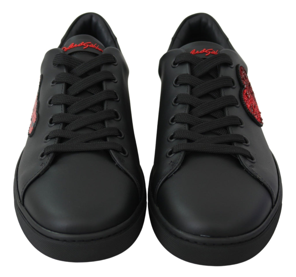 Black Leather Love Heart Sneakers Women's Shoes