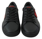 Black Leather Love Heart Sneakers Women's Shoes