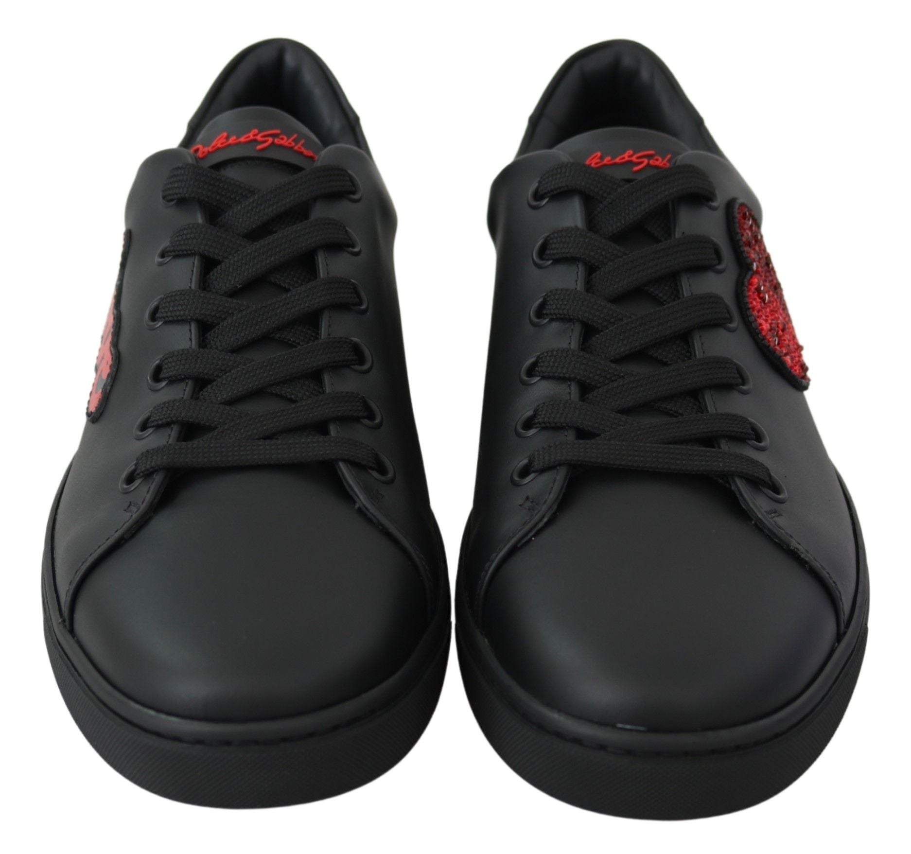 Black Leather Love Heart Sneakers Women's Shoes