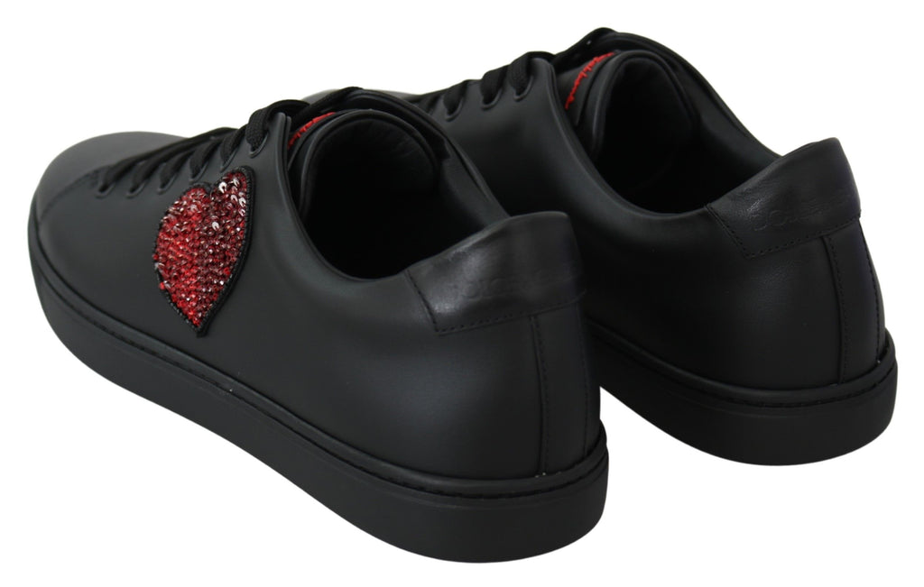 Black Leather Love Heart Sneakers Women's Shoes
