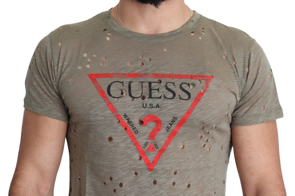 Herren-T-Shirt aus brauner Baumwolle mit Stretchanteil, Logo-Print und Perforationen