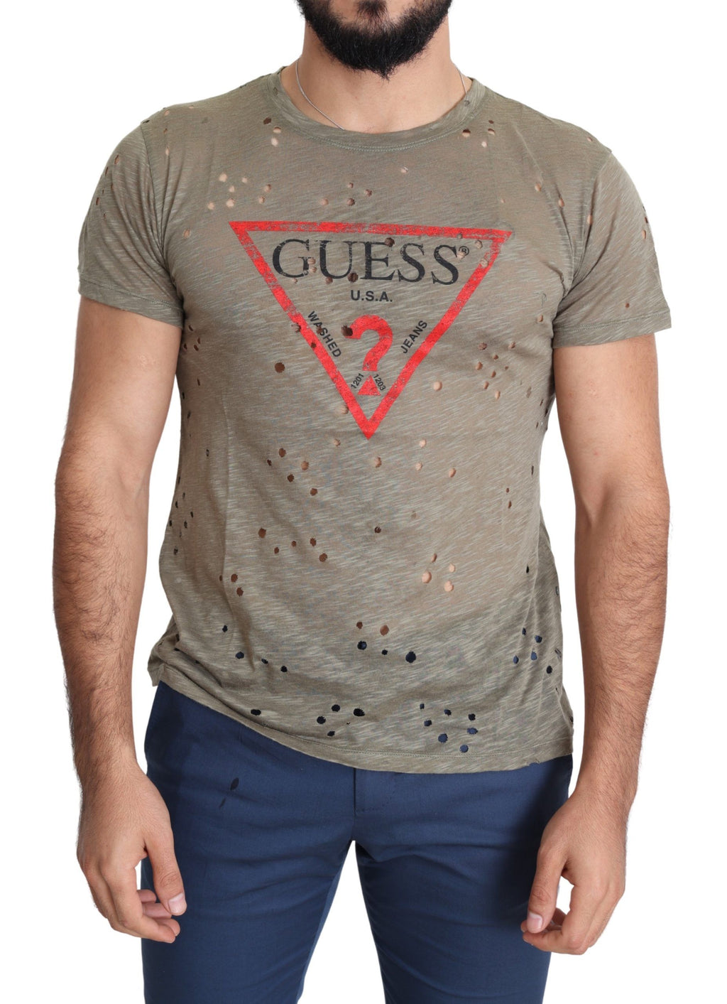 Herren-T-Shirt aus brauner Baumwolle mit Stretchanteil, Logo-Print und Perforationen