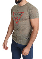 Herren-T-Shirt aus brauner Baumwolle mit Stretchanteil, Logo-Print und Perforationen