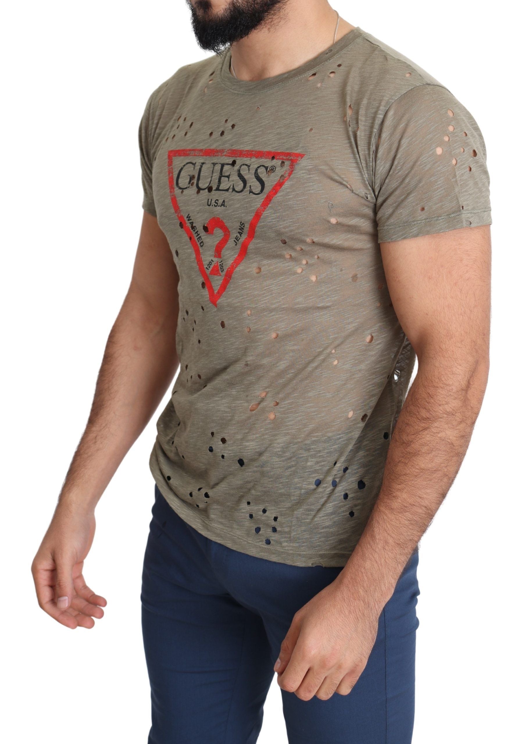 Herren-T-Shirt aus brauner Baumwolle mit Stretchanteil, Logo-Print und Perforationen