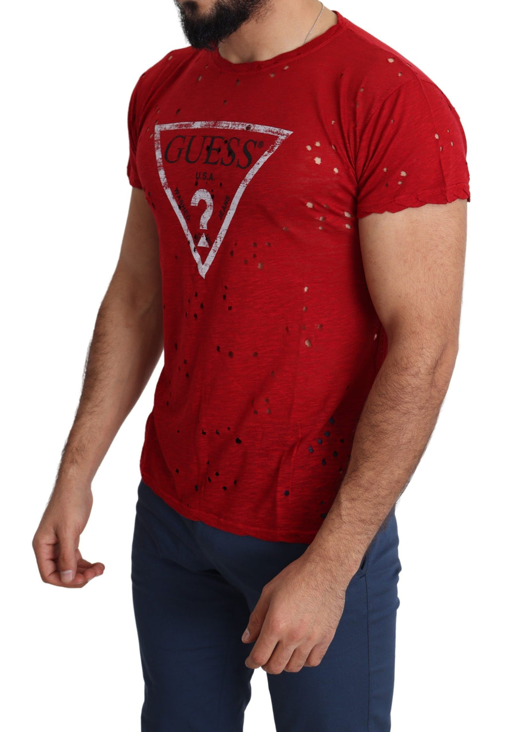 Rotes Baumwoll-T-Shirt mit Logo-Print für Herren, perforiertes Freizeit-Oberteil