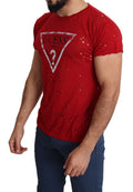 Rotes Baumwoll-T-Shirt mit Logo-Print für Herren, perforiertes Freizeit-Oberteil