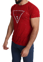 Rotes Baumwoll-T-Shirt mit Logo-Print für Herren, perforiertes Freizeit-Oberteil