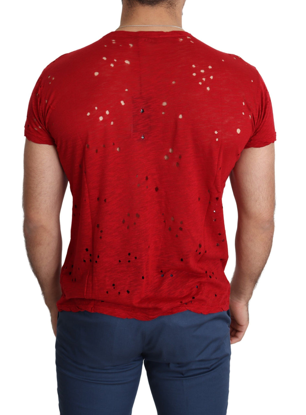 Rotes Baumwoll-T-Shirt mit Logo-Print für Herren, perforiertes Freizeit-Oberteil
