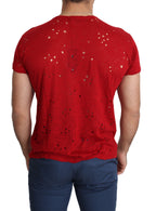 Rotes Baumwoll-T-Shirt mit Logo-Print für Herren, perforiertes Freizeit-Oberteil