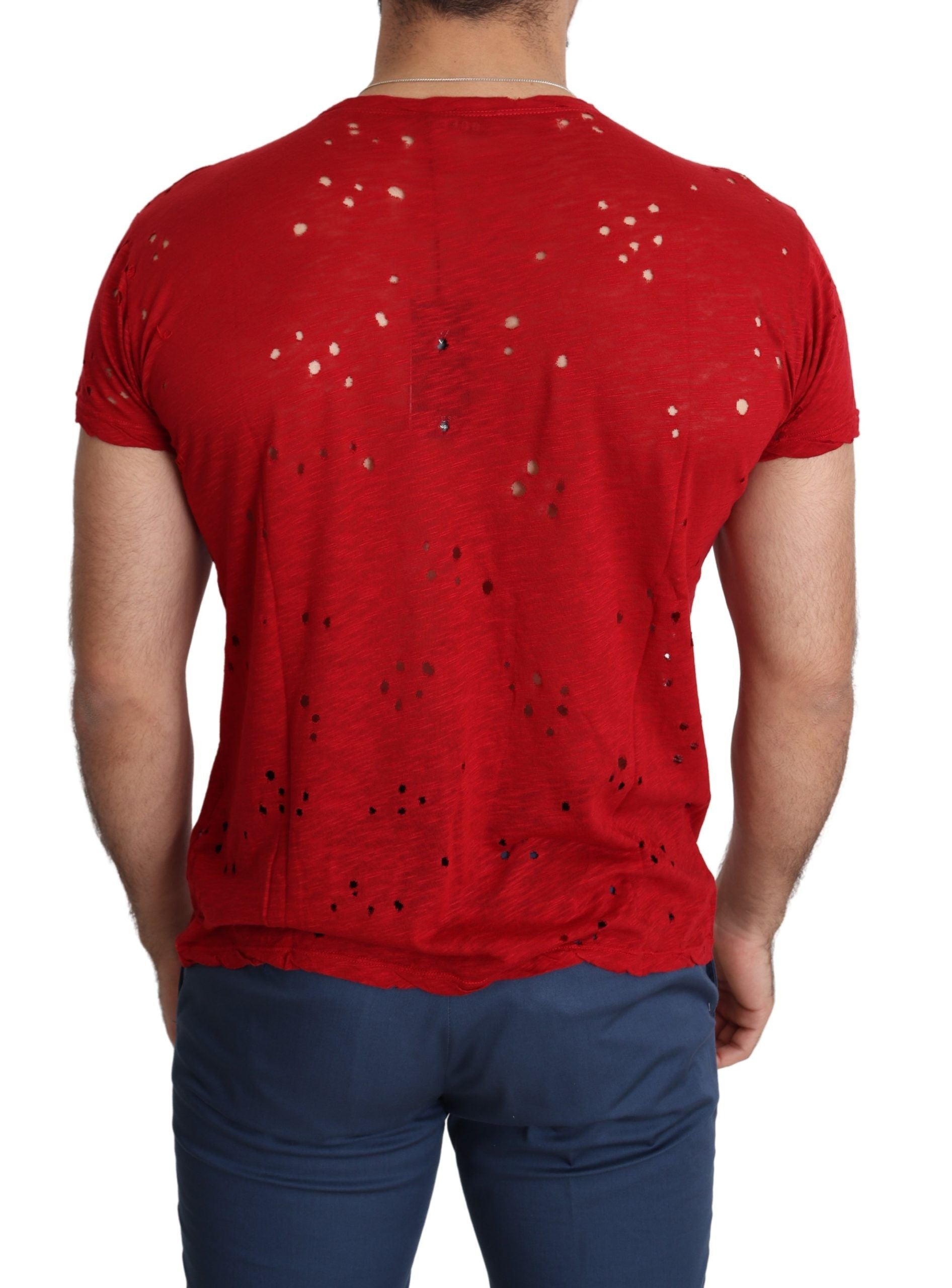 Rotes Baumwoll-T-Shirt mit Logo-Print für Herren, perforiertes Freizeit-Oberteil