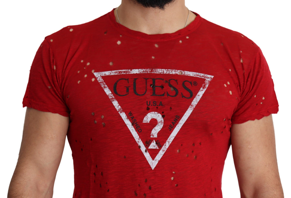 Rotes Baumwoll-T-Shirt mit Logo-Print für Herren, perforiertes Freizeit-Oberteil