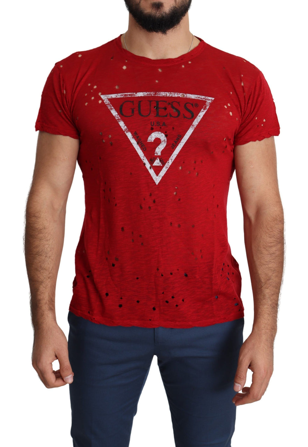 Rotes Baumwoll-T-Shirt mit Logo-Print für Herren, perforiertes Freizeit-Oberteil