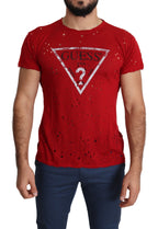 Rotes Baumwoll-T-Shirt mit Logo-Print für Herren, perforiertes Freizeit-Oberteil