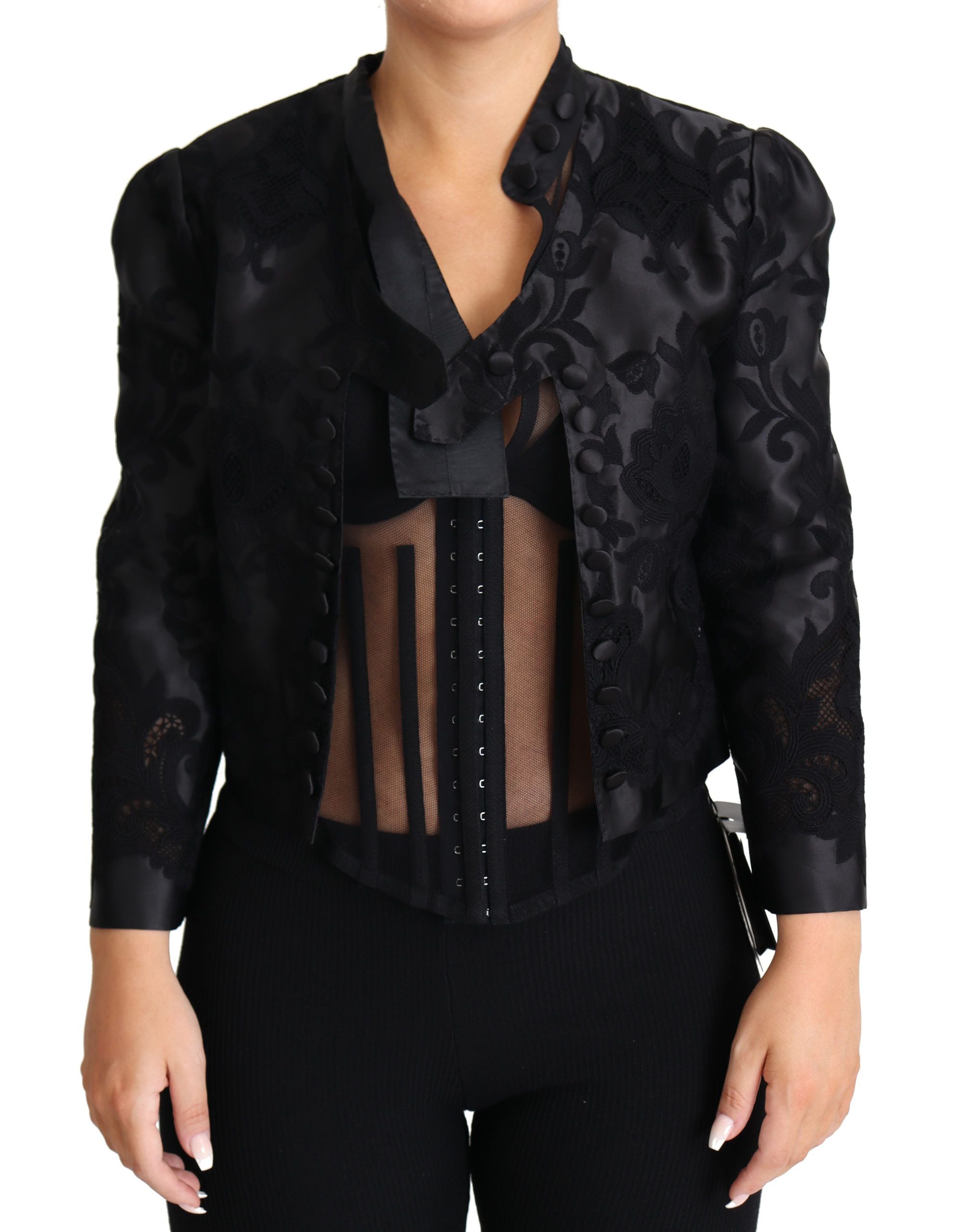 Schwarze Spitzen Korsett Organza Seidenjacke