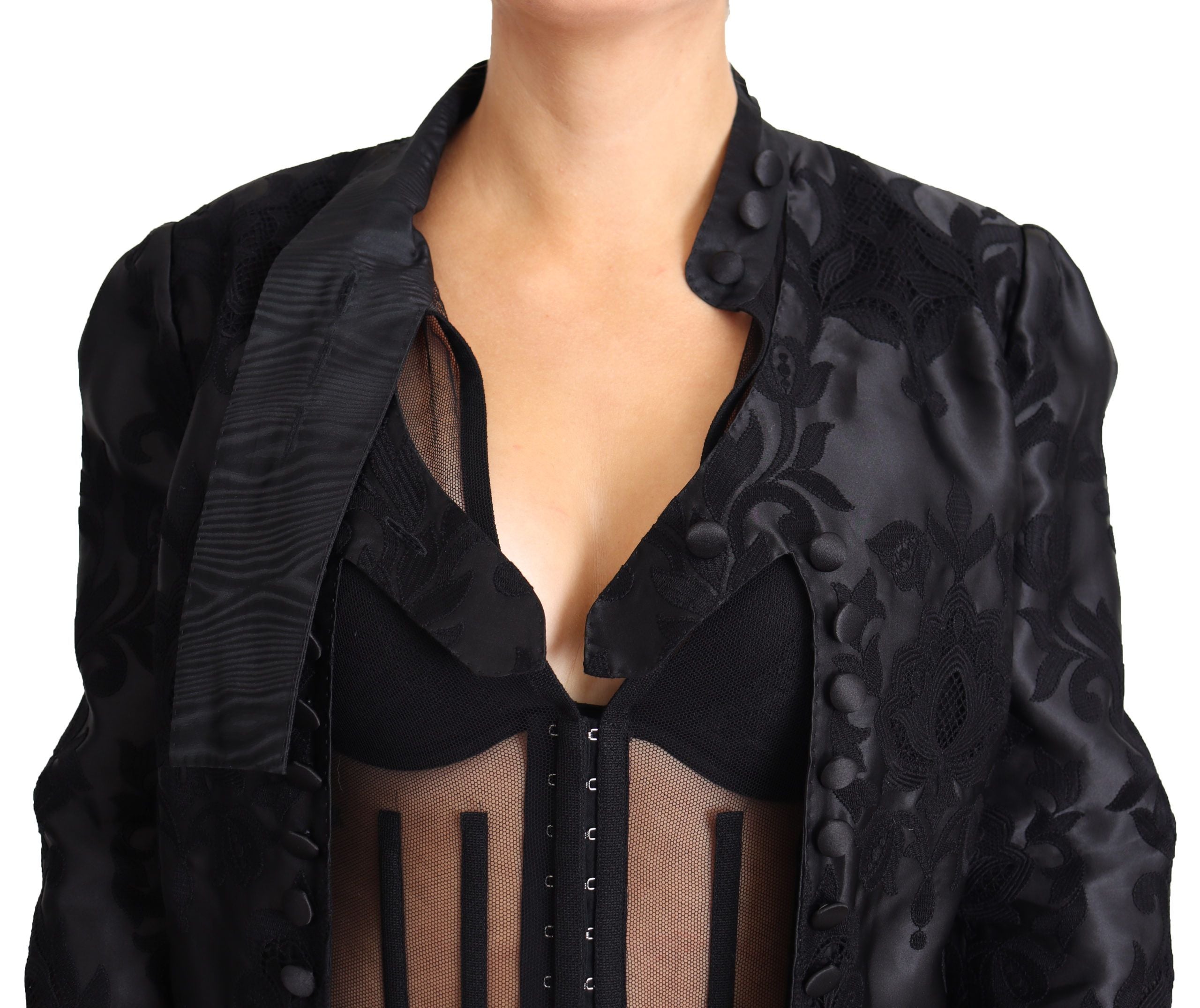 Schwarze Spitzen Korsett Organza Seidenjacke