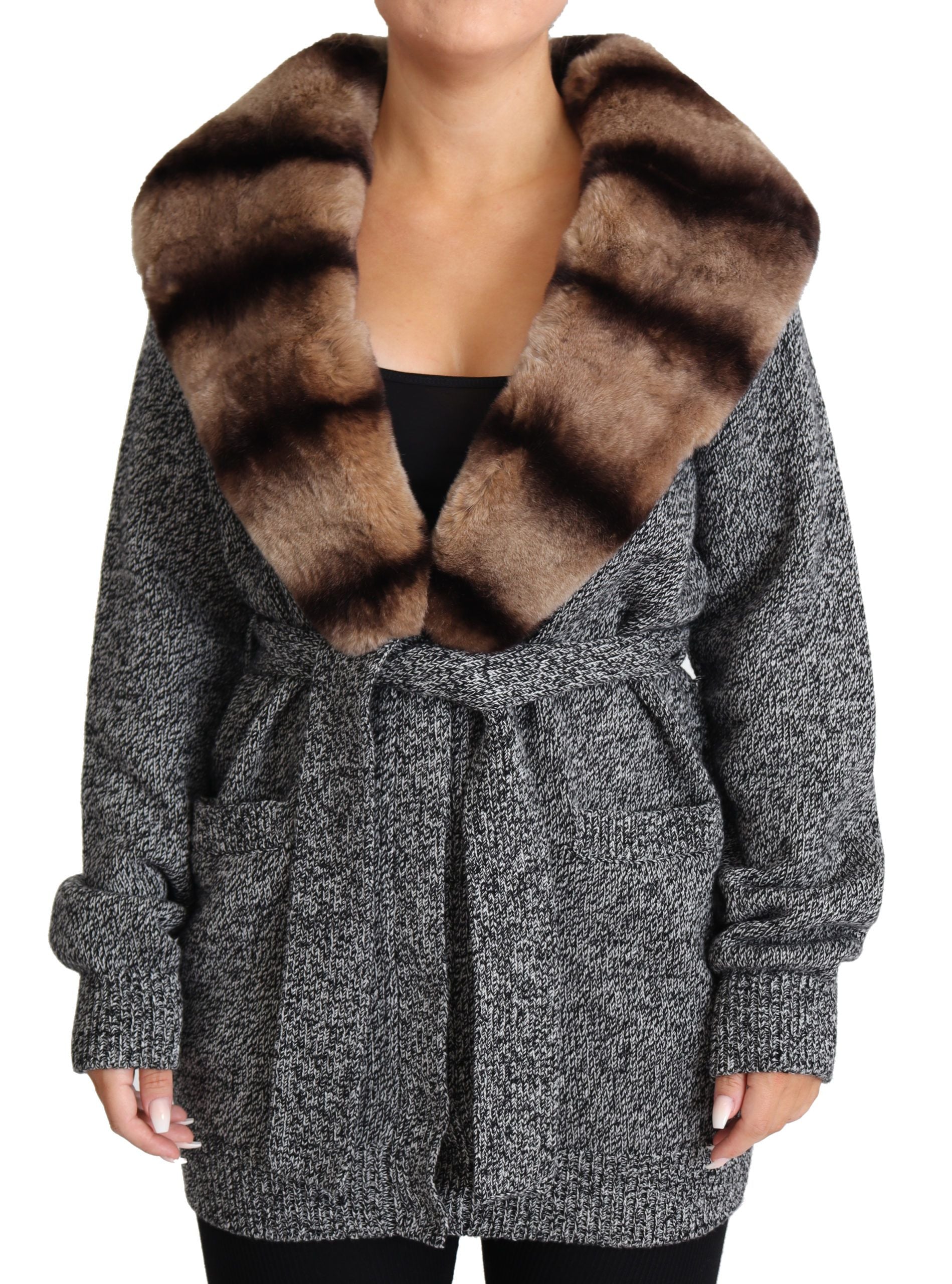 Graue Strickjacke Pelzmantel Kaschmirjacke