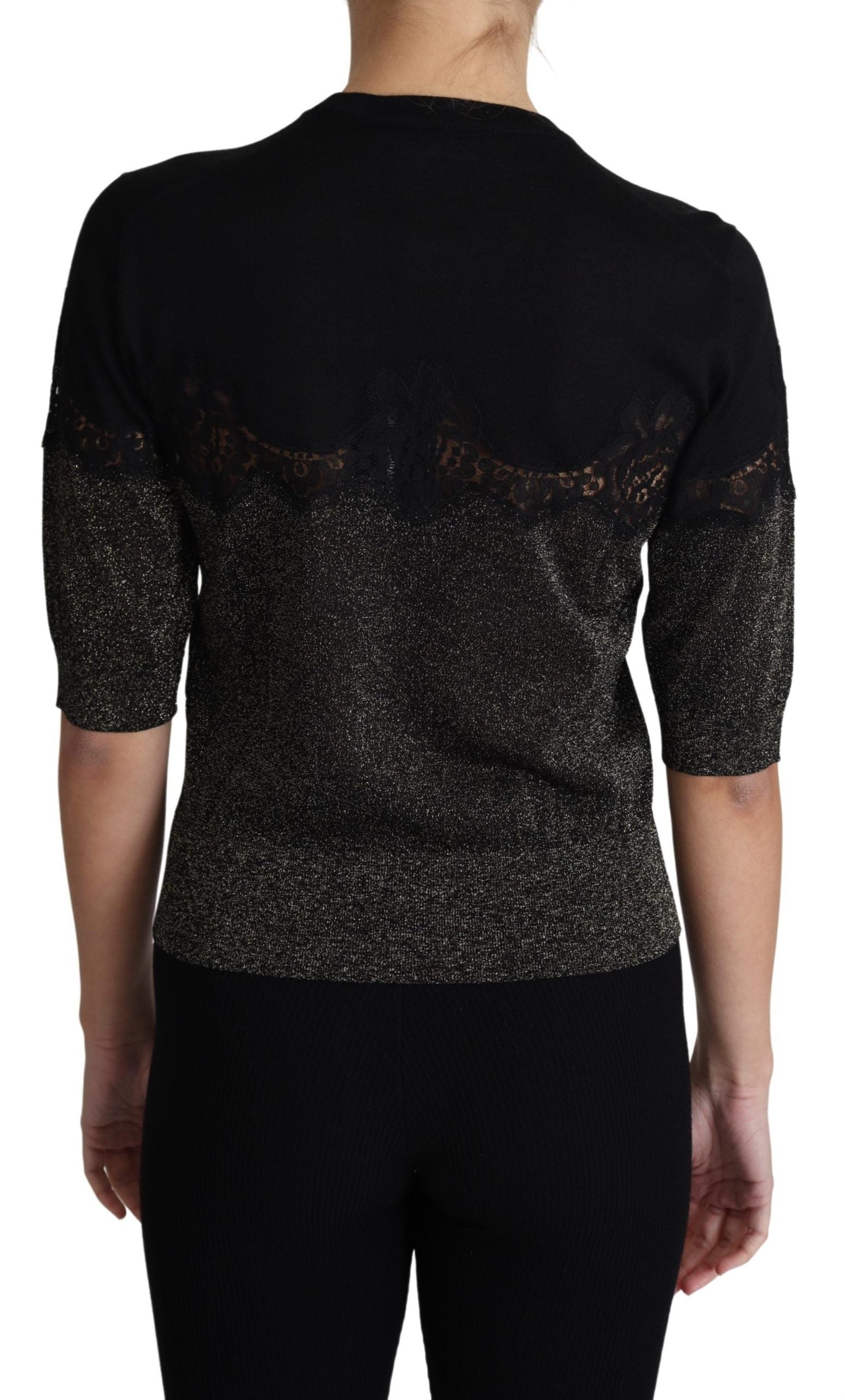 Schwarzes glänzendes Lurex-Pullover-Oberteil mit Spitzeneinsatz