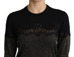 Schwarzes glänzendes Lurex-Pullover-Oberteil mit Spitzeneinsatz