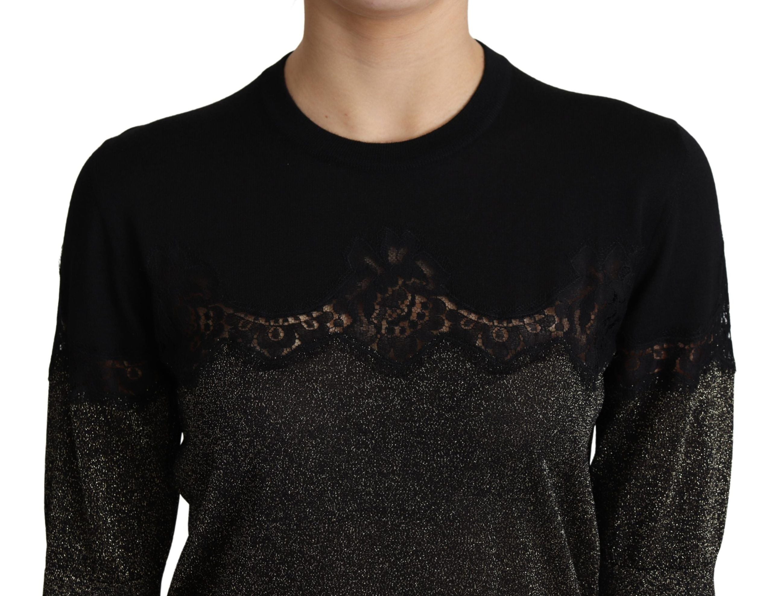 Schwarzes glänzendes Lurex-Pullover-Oberteil mit Spitzeneinsatz