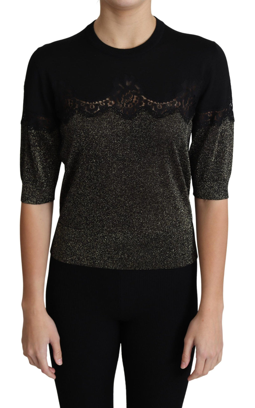 Schwarzes glänzendes Lurex-Pullover-Oberteil mit Spitzeneinsatz