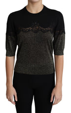 Schwarzes glänzendes Lurex-Pullover-Oberteil mit Spitzeneinsatz