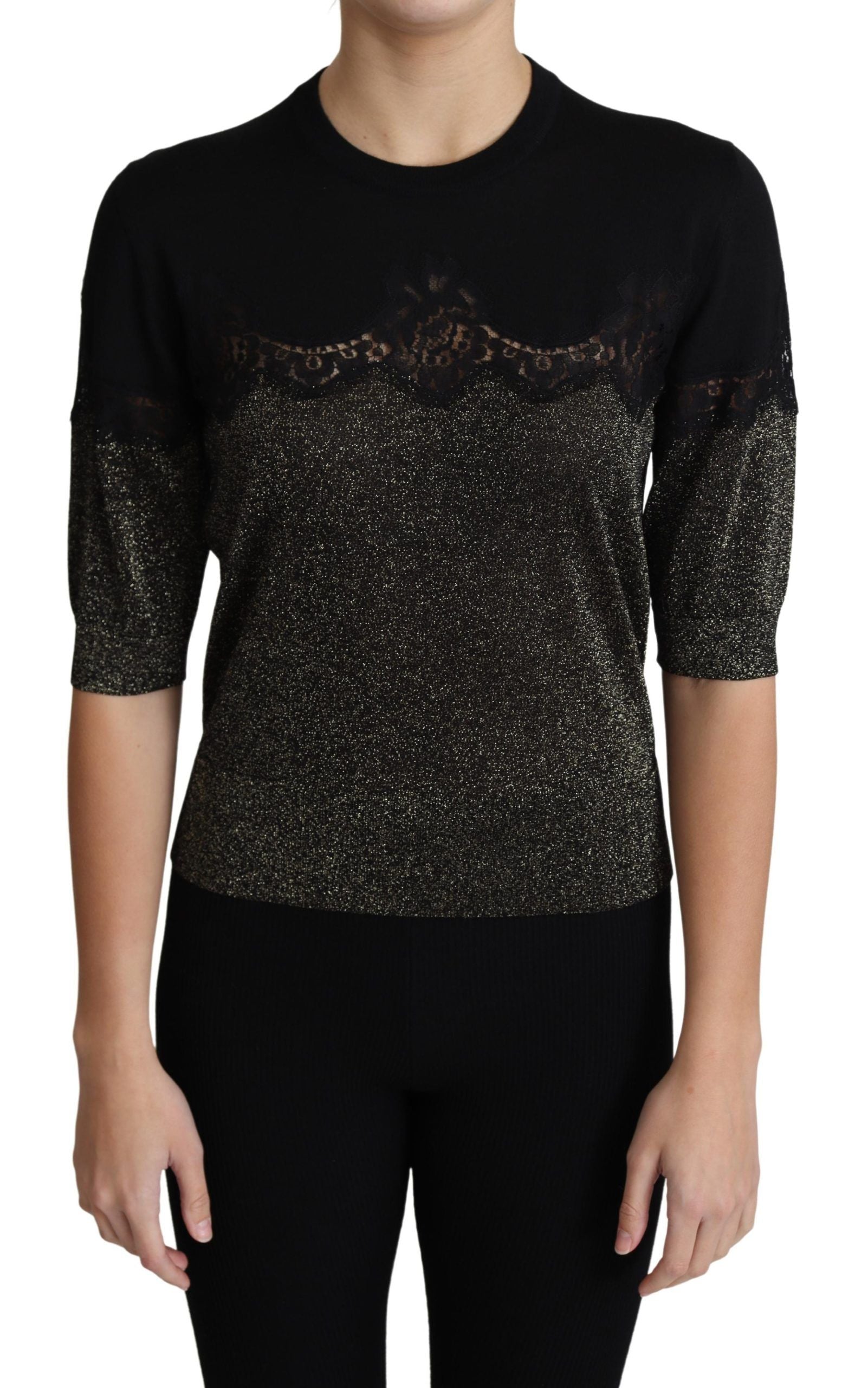 Schwarzes glänzendes Lurex-Pullover-Oberteil mit Spitzeneinsatz