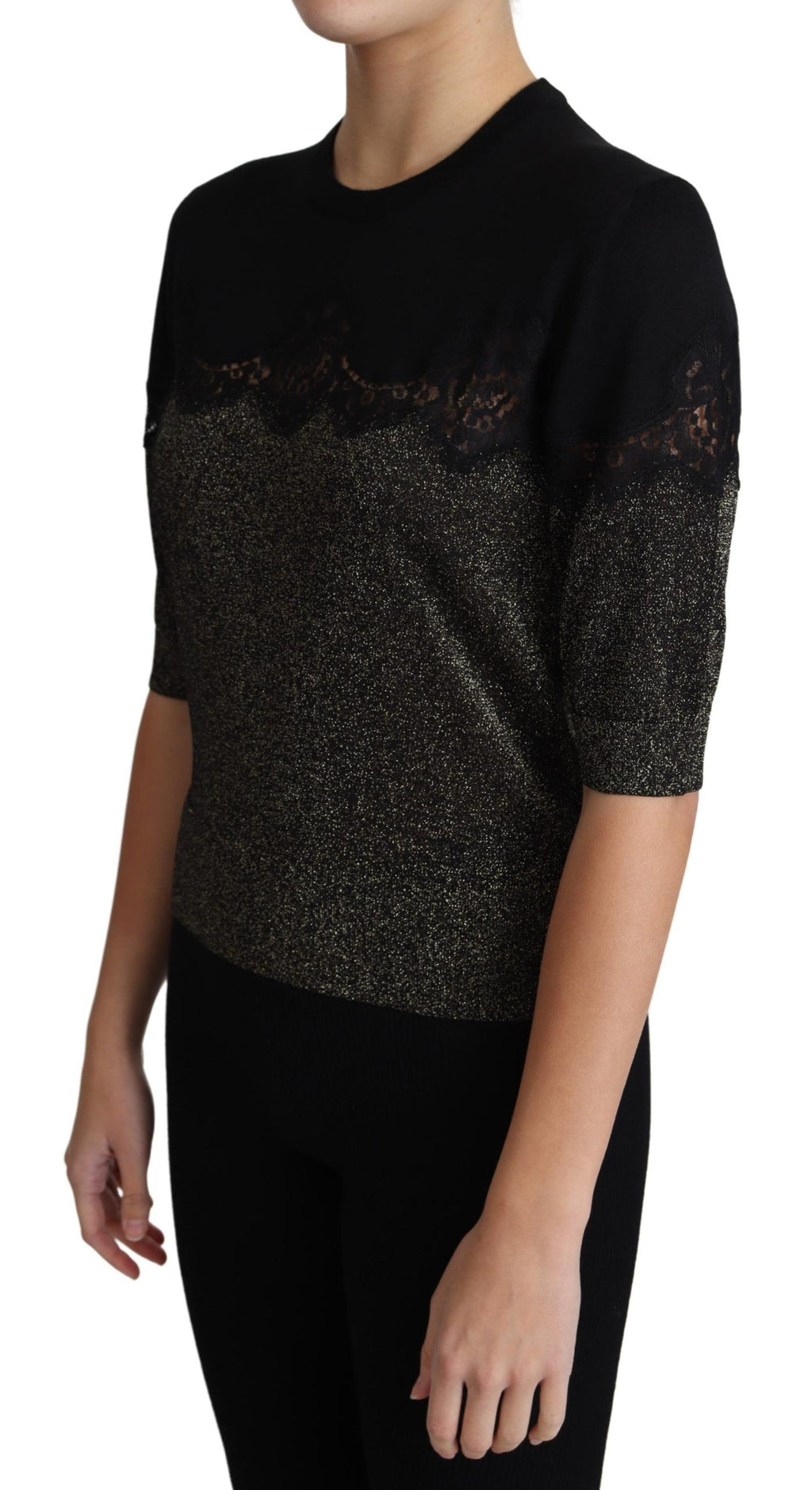 Schwarzes glänzendes Lurex-Pullover-Oberteil mit Spitzeneinsatz