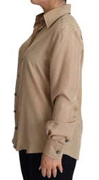 Beige Silk Shirt Decorative Buttons Top