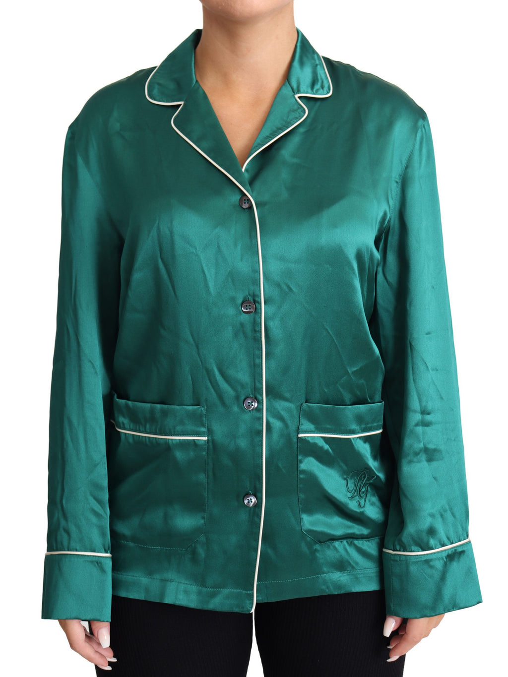 Grüne Pyjama-Bluse aus Seide, Lounge-Schlaf-Oberteil