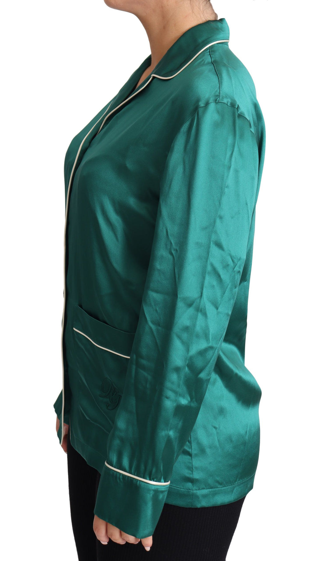 Grüne Pyjama-Bluse aus Seide, Lounge-Schlaf-Oberteil