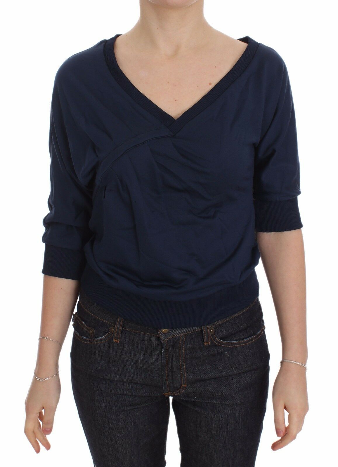 Blauer Baumwoll-Pullover mit tiefem V-Ausschnitt für Damen