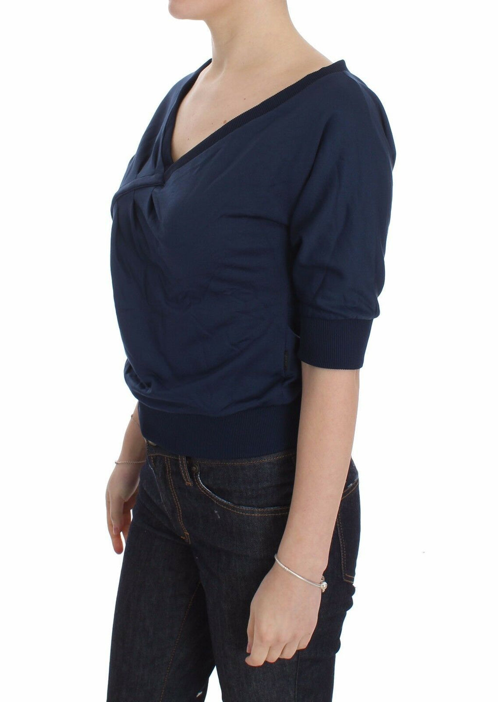 Blauer Baumwoll-Pullover mit tiefem V-Ausschnitt für Damen