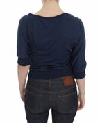 Blauer Baumwoll-Pullover mit tiefem V-Ausschnitt für Damen