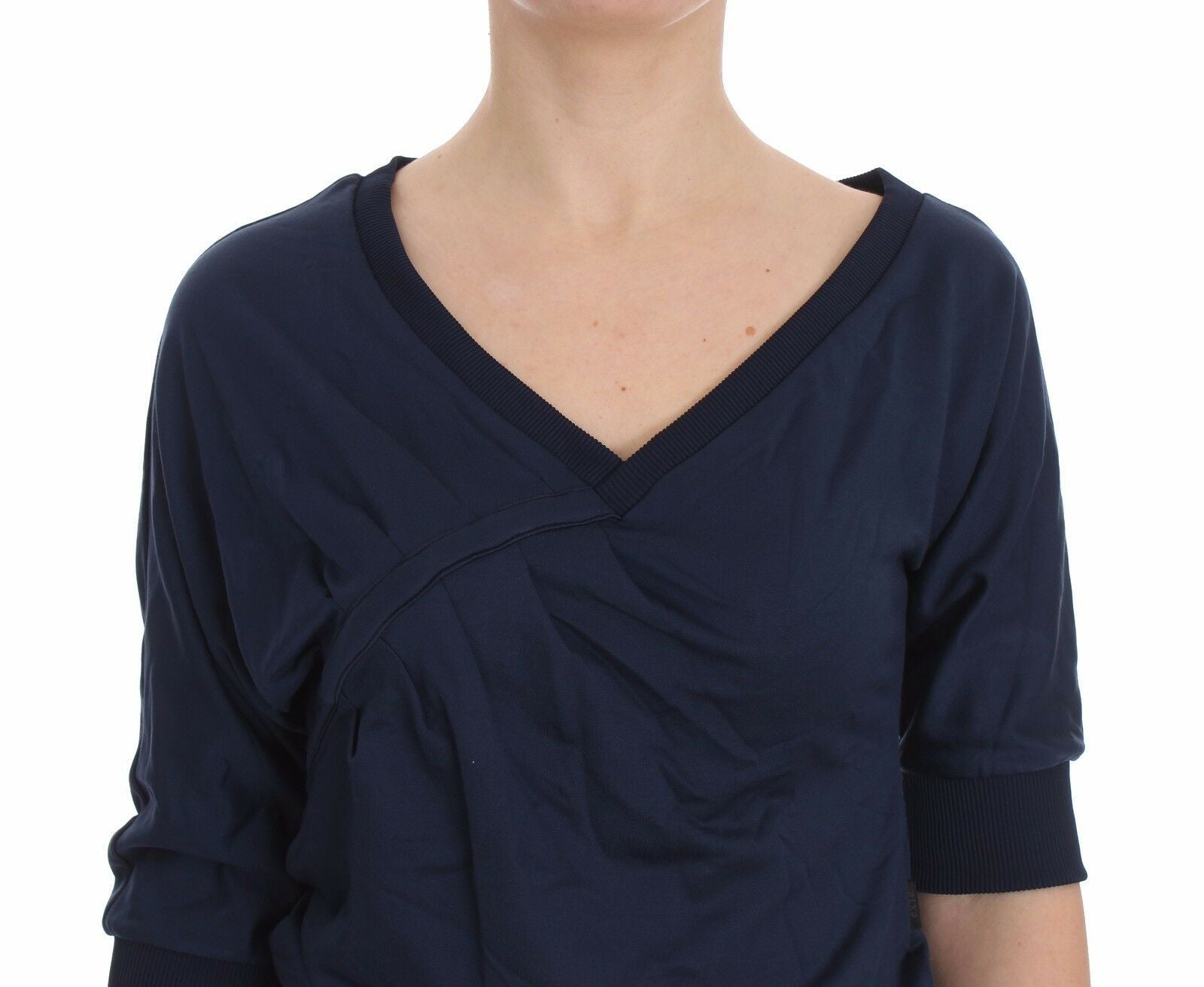 Blauer Baumwoll-Pullover mit tiefem V-Ausschnitt für Damen