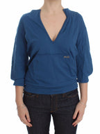 Blaues Baumwoll-Top, Pullover mit tiefem V-Ausschnitt für Damen
