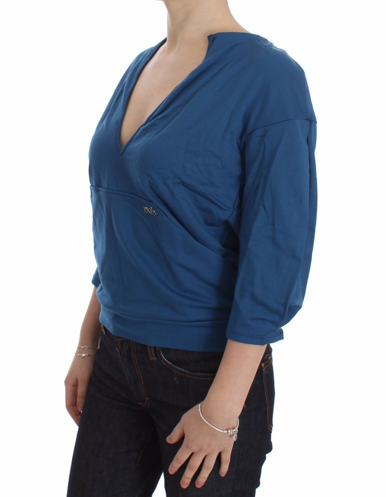 Blaues Baumwoll-Top, Pullover mit tiefem V-Ausschnitt für Damen