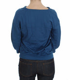 Blaues Baumwoll-Top, Pullover mit tiefem V-Ausschnitt für Damen