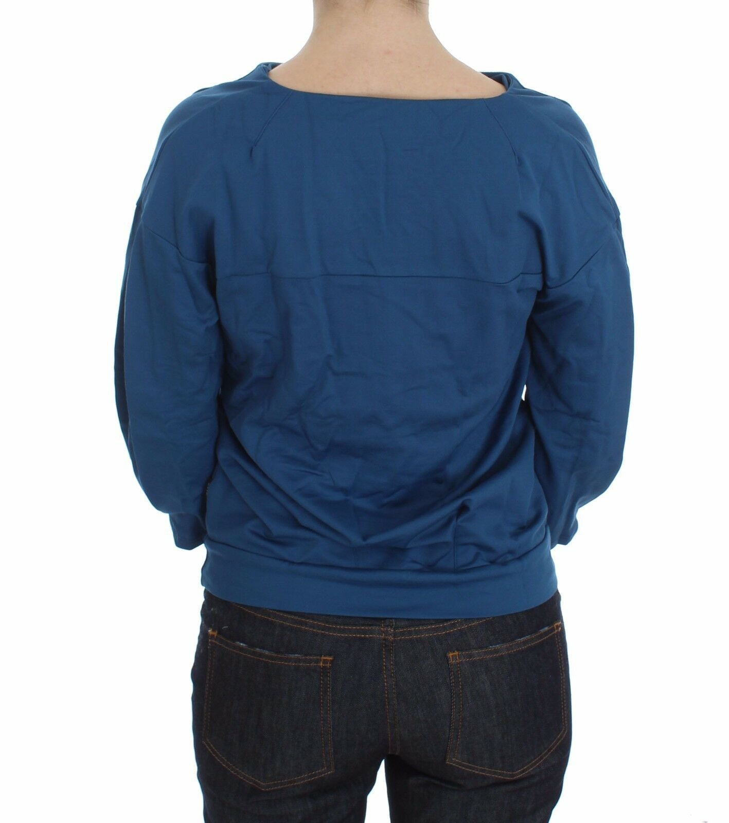Blaues Baumwoll-Top, Pullover mit tiefem V-Ausschnitt für Damen