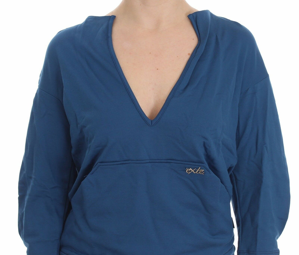 Blaues Baumwoll-Top, Pullover mit tiefem V-Ausschnitt für Damen