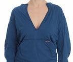 Blaues Baumwoll-Top, Pullover mit tiefem V-Ausschnitt für Damen