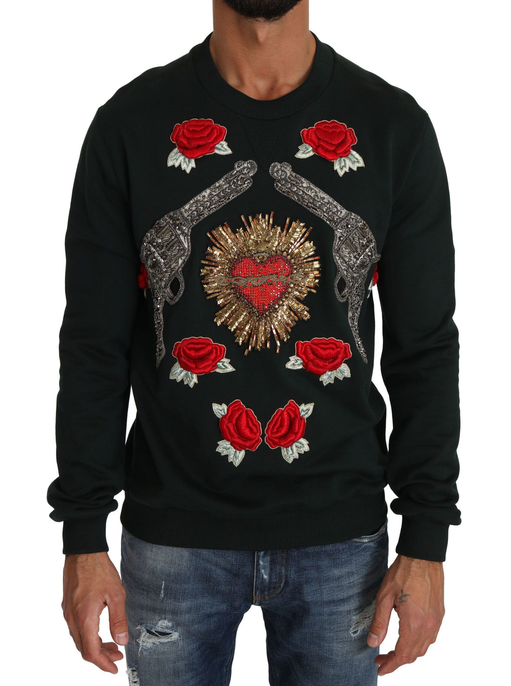 Grüner Kristall Herz Rosen Pistole Pullover