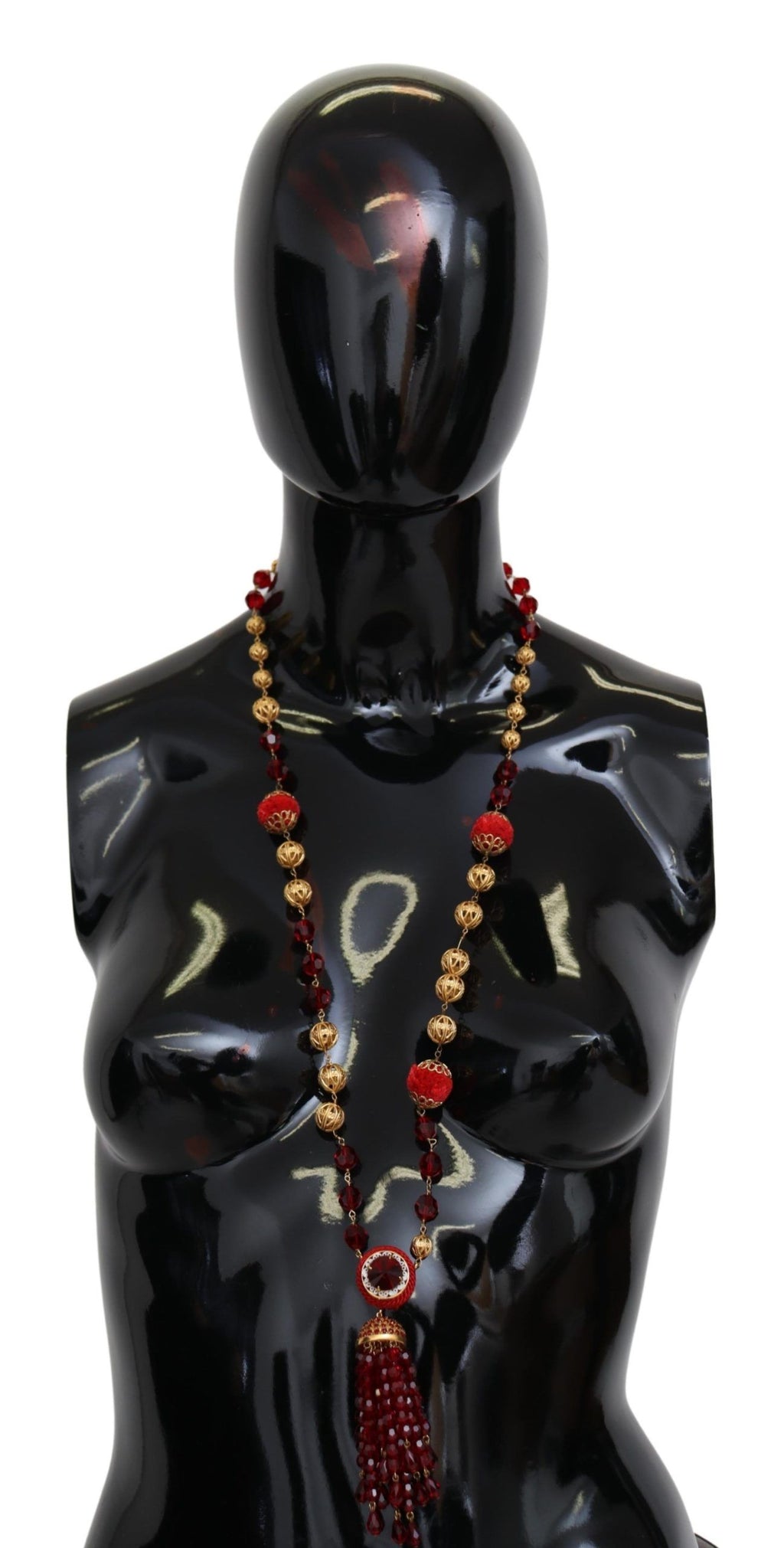Gold Tone Brass Red Crystals Pendant Opera Chain Necklace