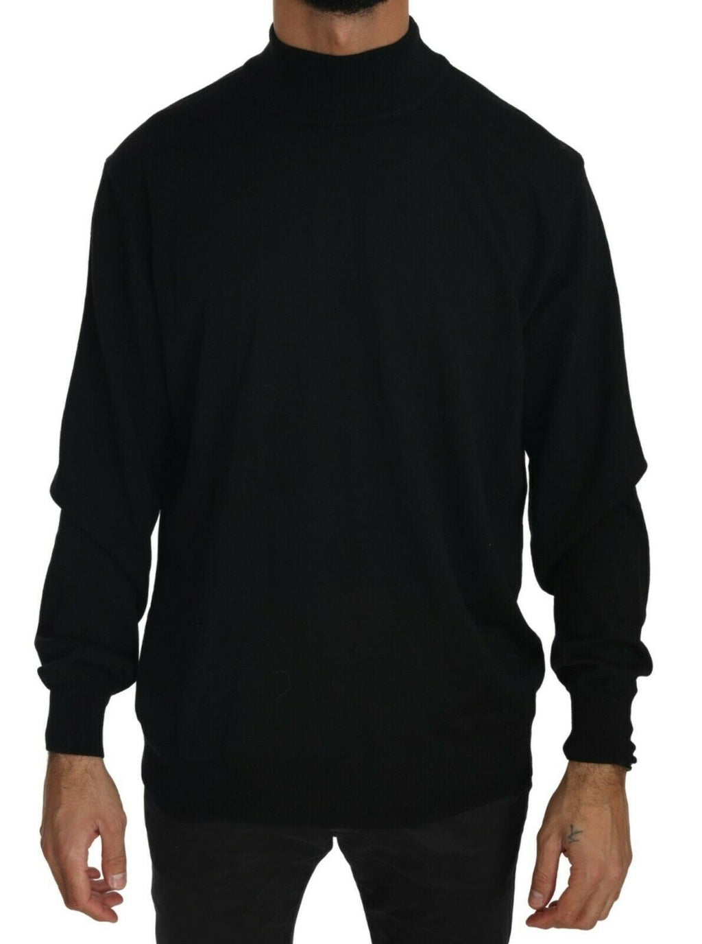Maglione pullover nero a collo alto in pura lana