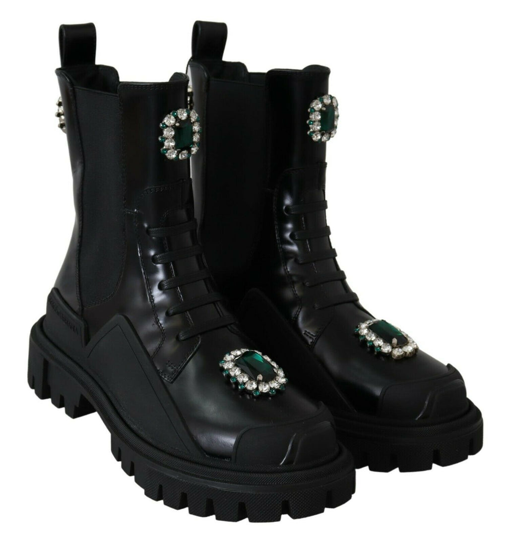 Schwarze Combat Boots aus Leder mit Kristallen