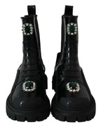 Schwarze Combat Boots aus Leder mit Kristallen