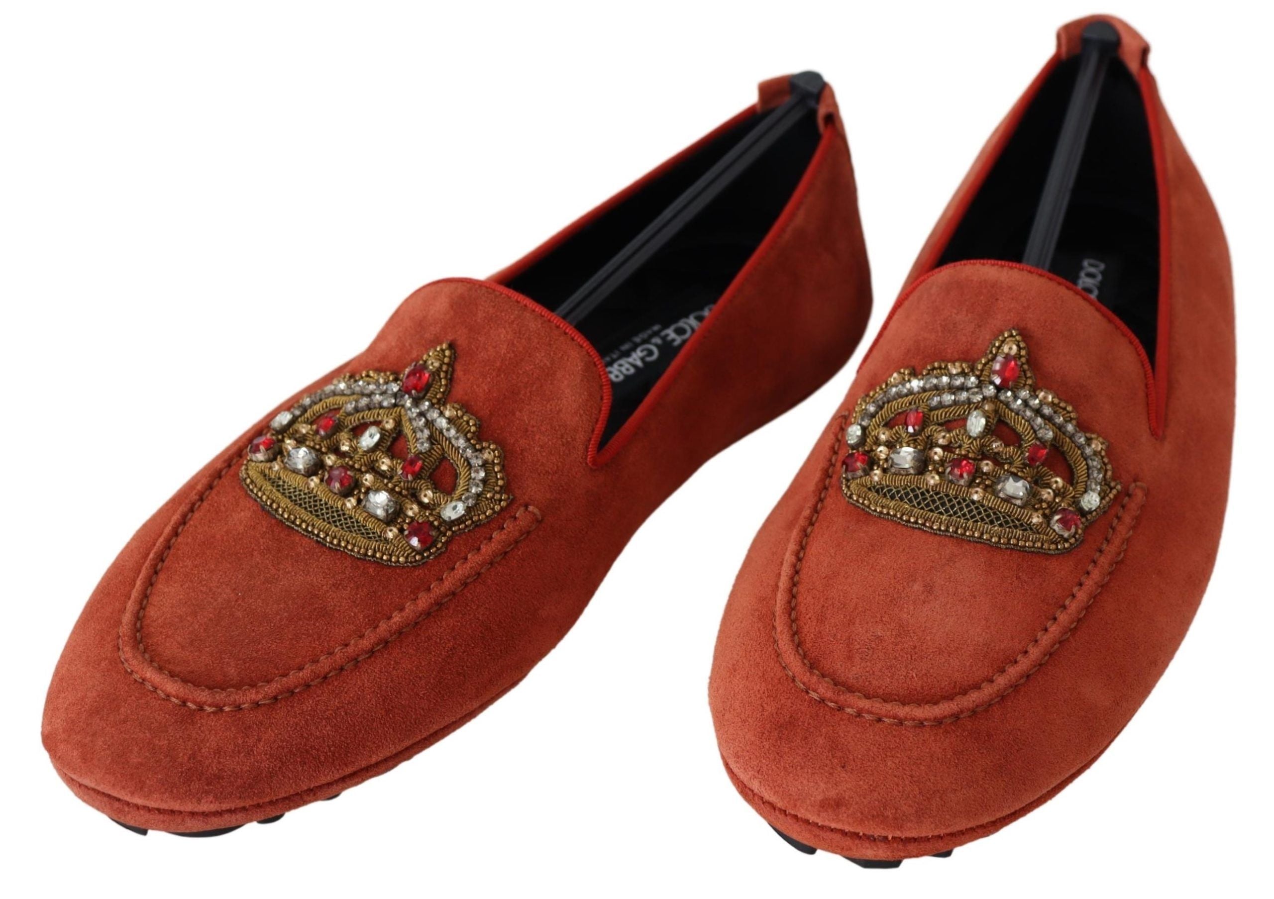 Orange Leather Crystal Crown Loafers