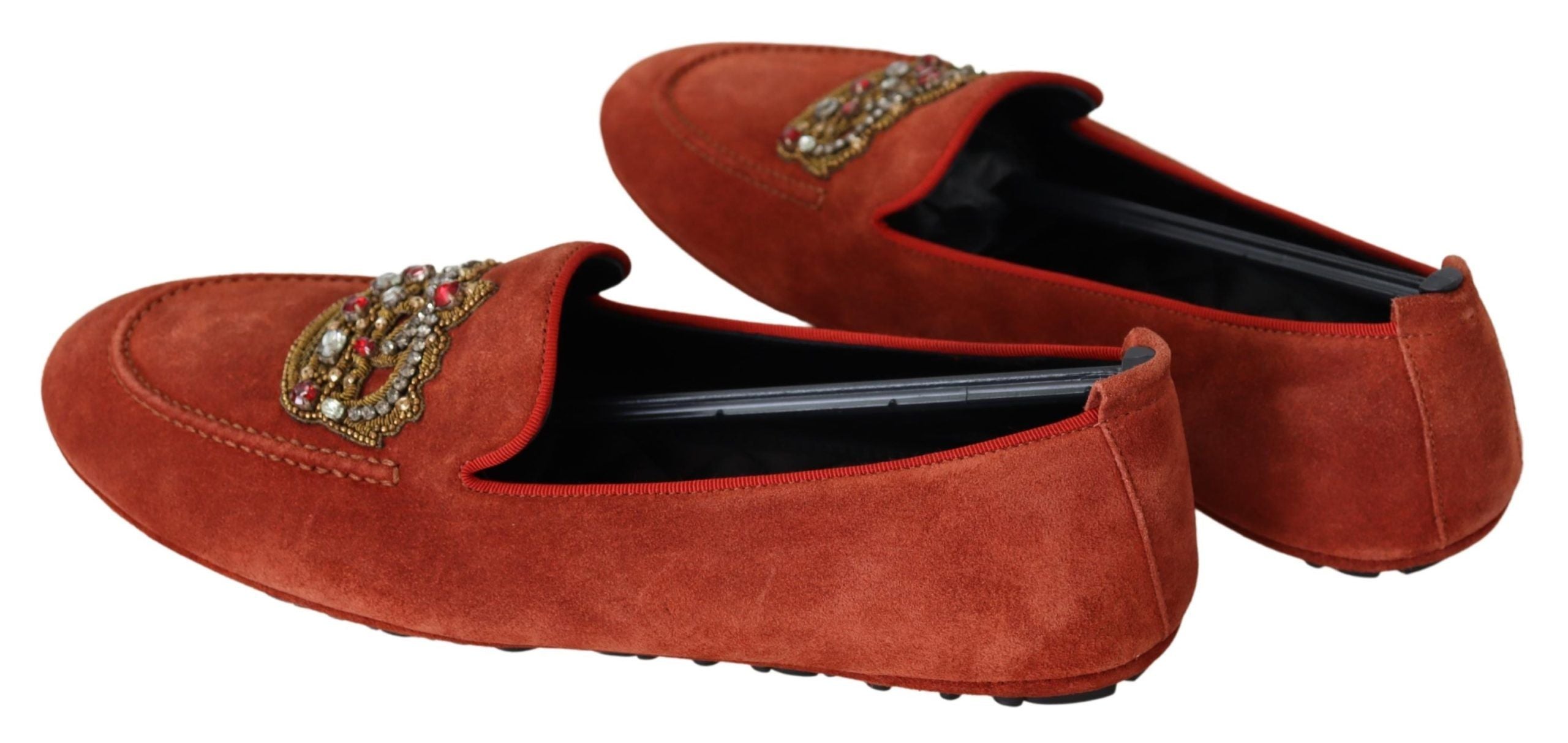Orange Leather Crystal Crown Loafers