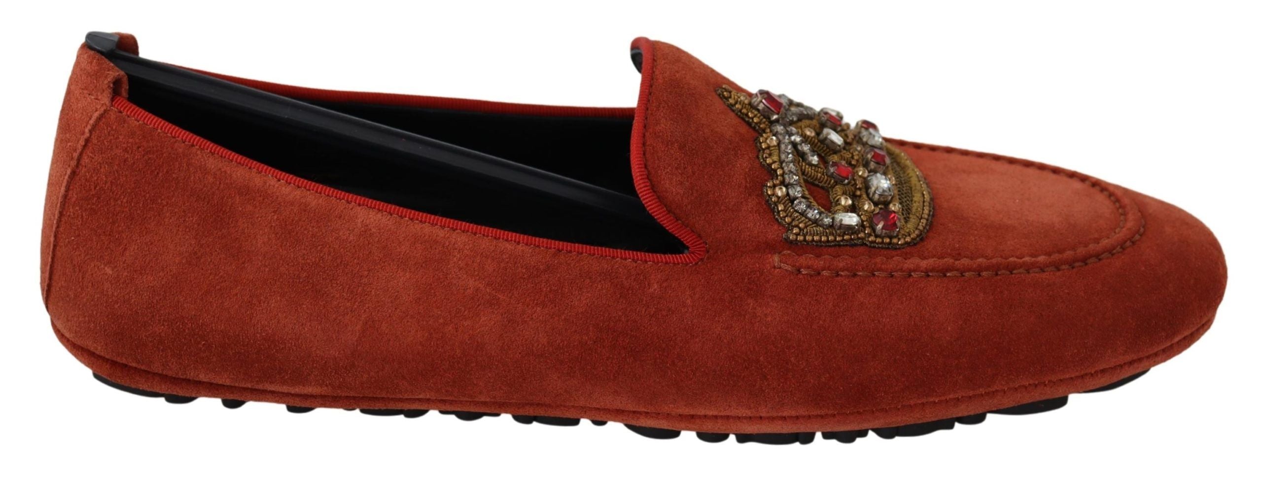Orange Leather Crystal Crown Loafers