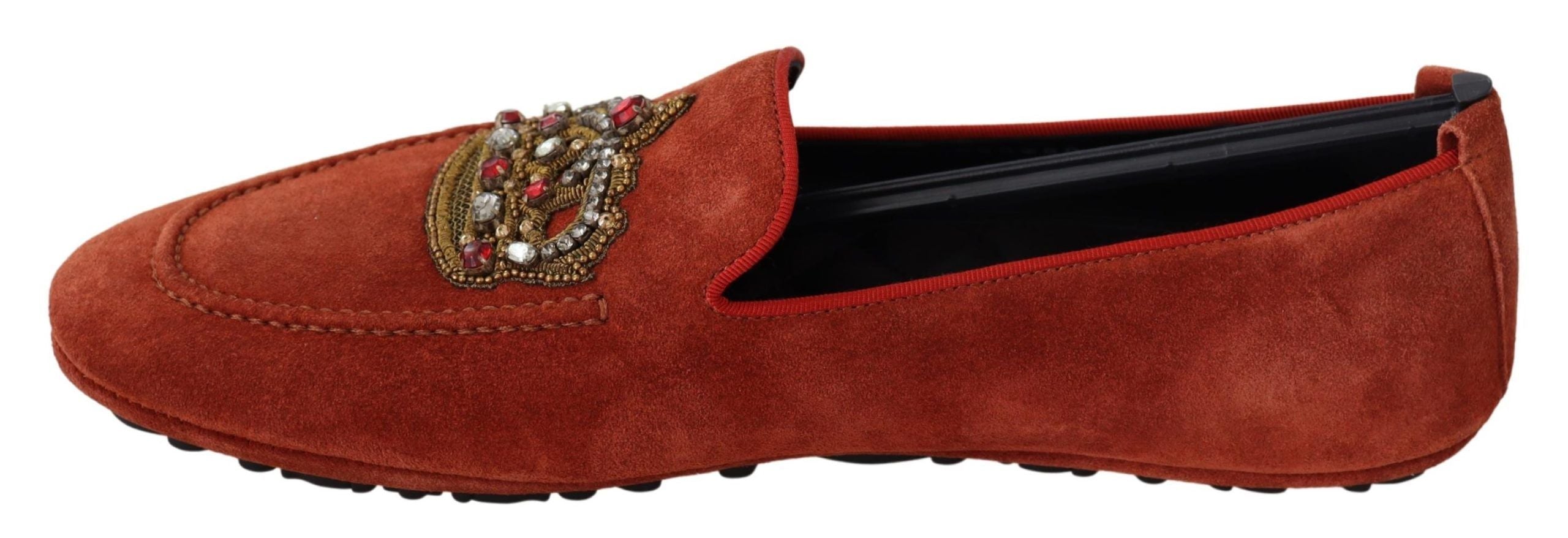 Orange Leather Crystal Crown Loafers