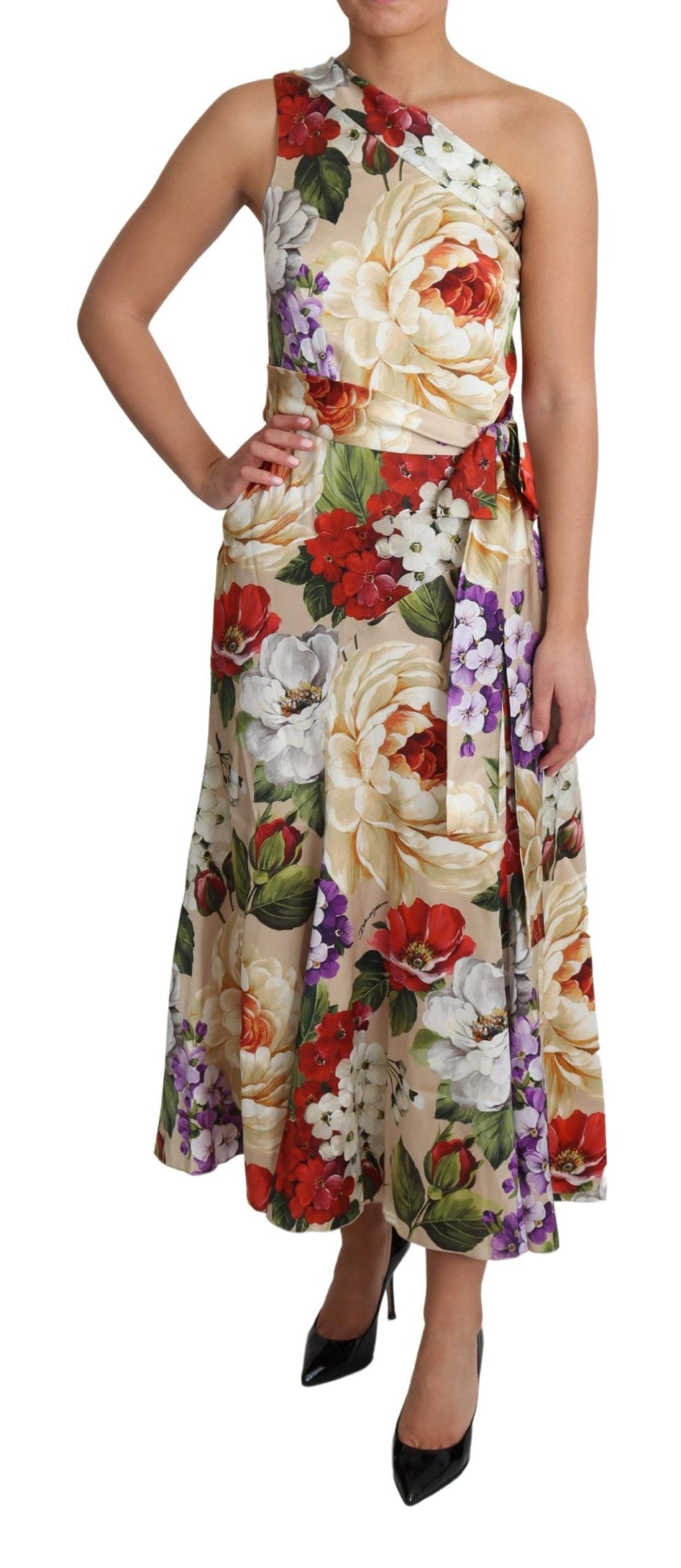 Bedrucktes Seidenstretchkleid mit einer Schulter und Blumenmuster